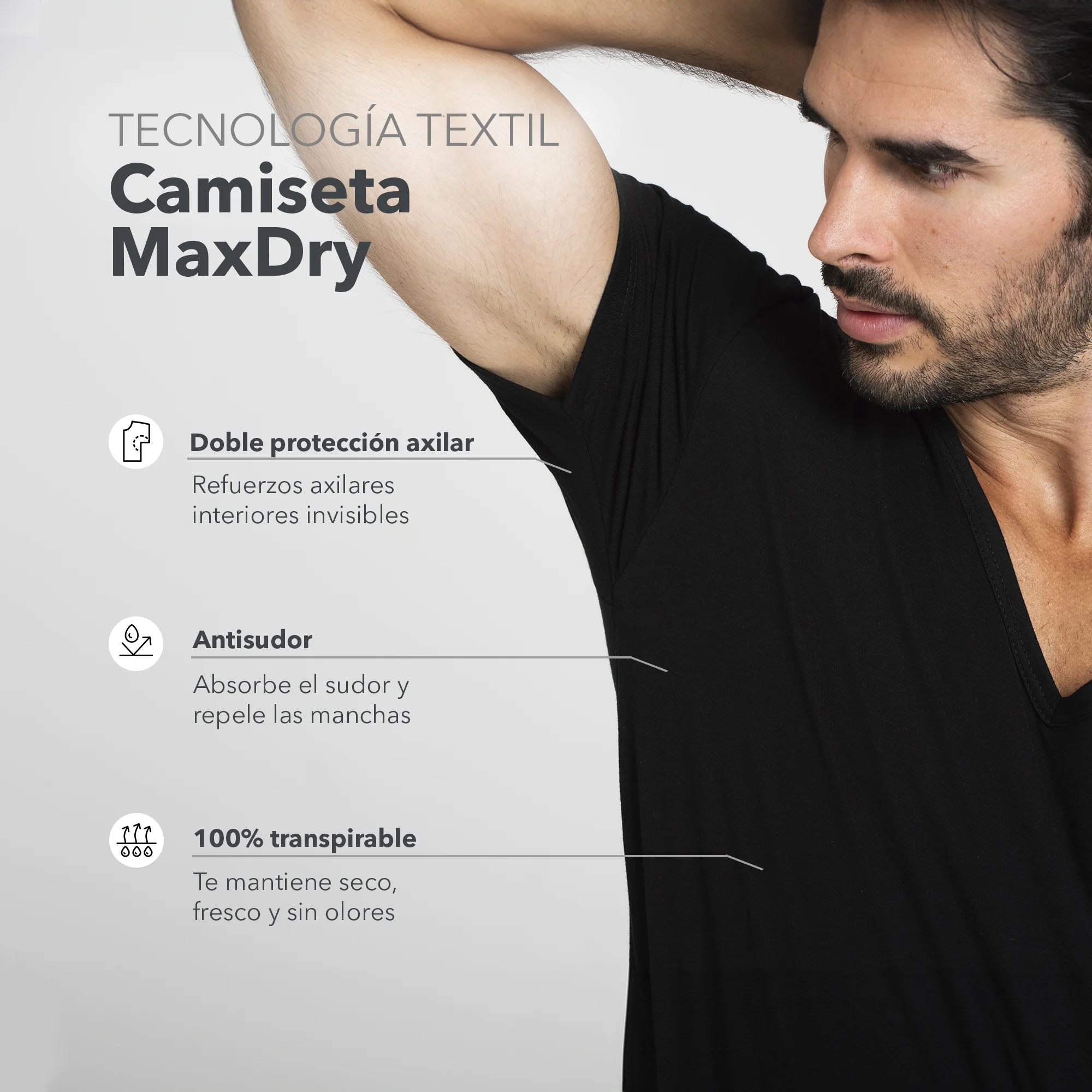 Camiseta Antisudor MaxDry Cuello V Grande Negro Protección Axilar Extra - Image 2